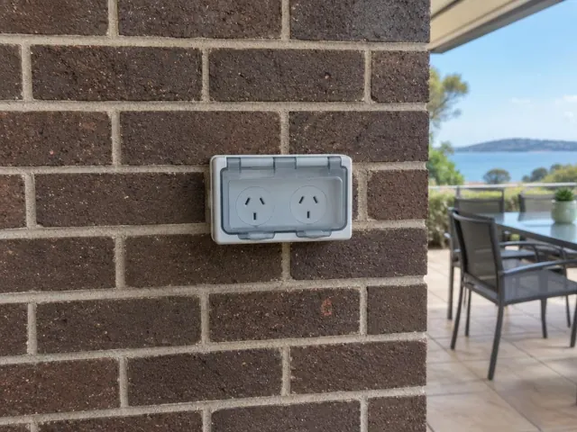Outdoor double power point on a brick wall beside a patio table with water view in Ettalong Beach